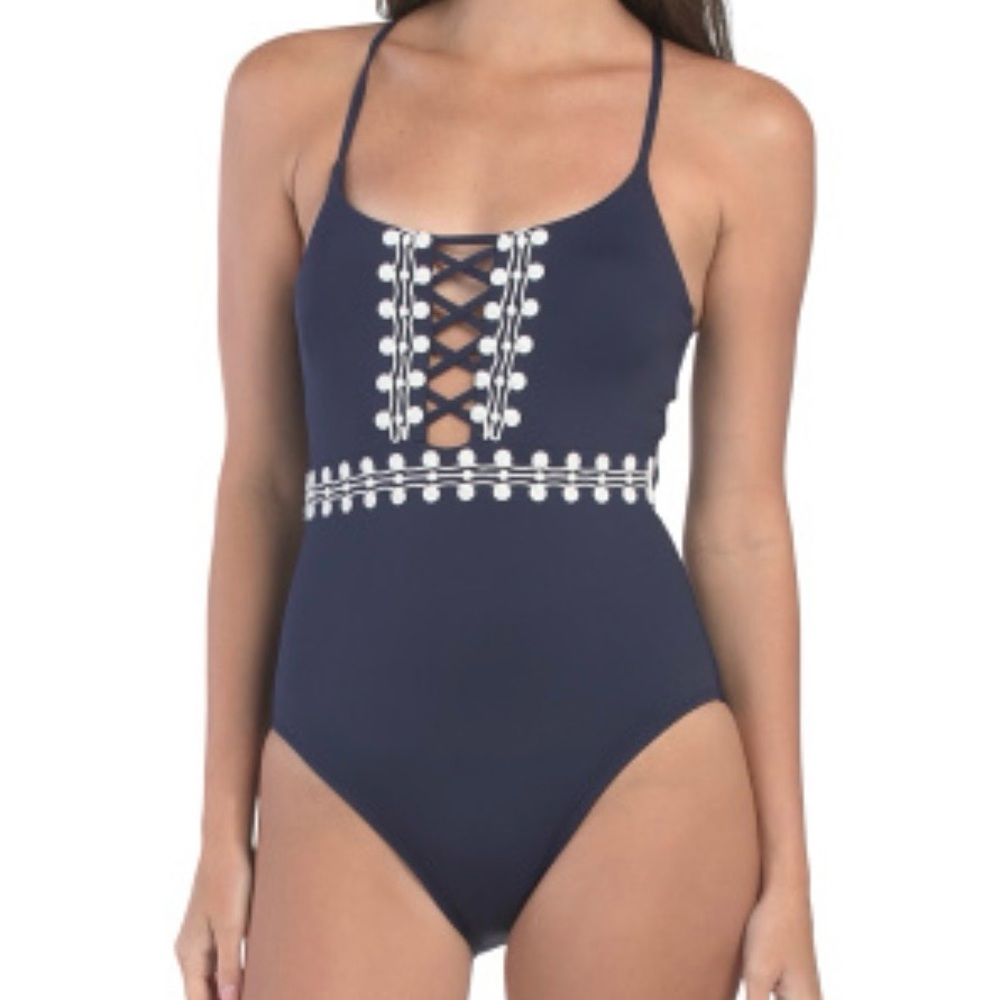 NWT NEW La Blanca Womens Navy and White One-Piece Swimsuit